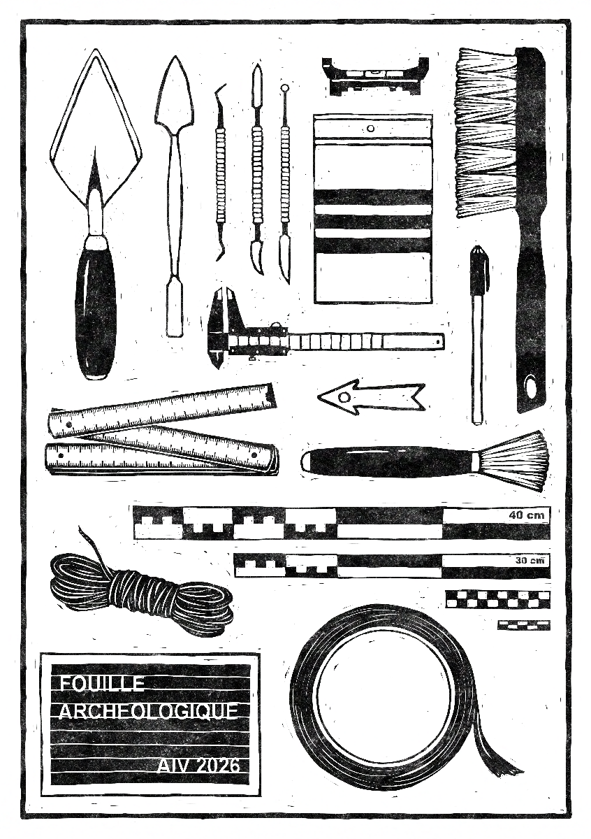 Illustration effet gravure sur bois des différents objets présents sur une fouille archéologique